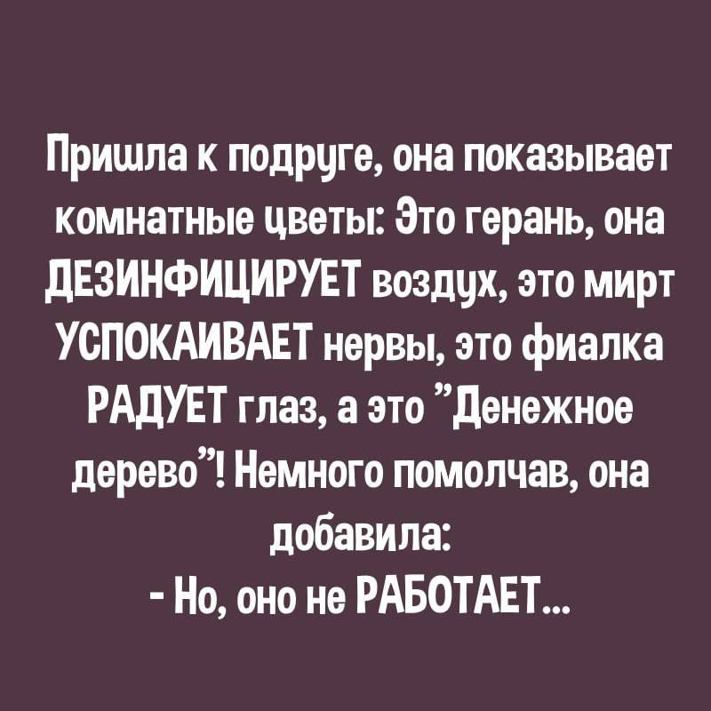 Пришла к подруге она показывает комнатные цветы Это герань она ДЕЗИНФИЦИРУЕТ воздух это мирт УСПОКАИВАЕТ нервы это фиалка РАДУЕТ глаз а это Денежное дерево Немного помолчав она добавила Но оно не РАБОТАЕТ