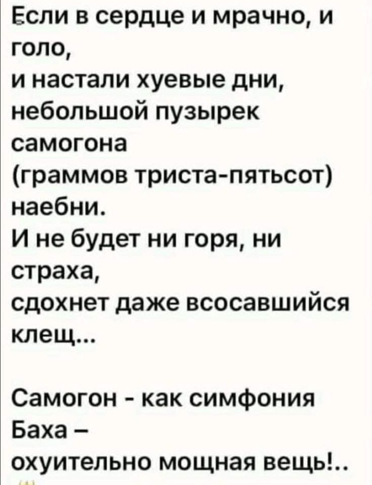 Если в сердце и мрачно и голо и настали хуевые дни небольшой пузырек самогона граммов триста пятьсот наебни И не будет ни горя ни страха сдохнет даже всосавшийся клещ Самогон как симфония Баха охуительно мощная вещь