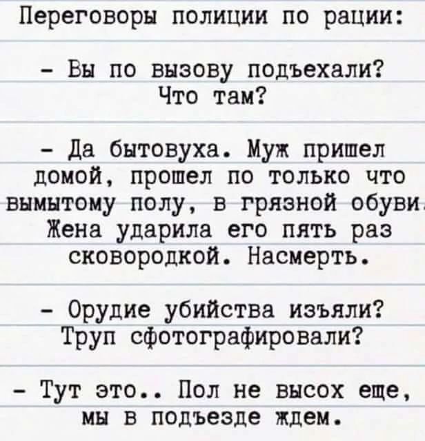 Переговоры полиции по рации Вы по вызову подъехали Что там Да бытовуха Муж пришел домой прошел по только что вымытому полу в грязной обуви Жена ударила его пять раз сковородкой Насмерть Орудие убийства изъяли Труп сфотографировали Тут это Пол не высох еще мы в подъезде ждем