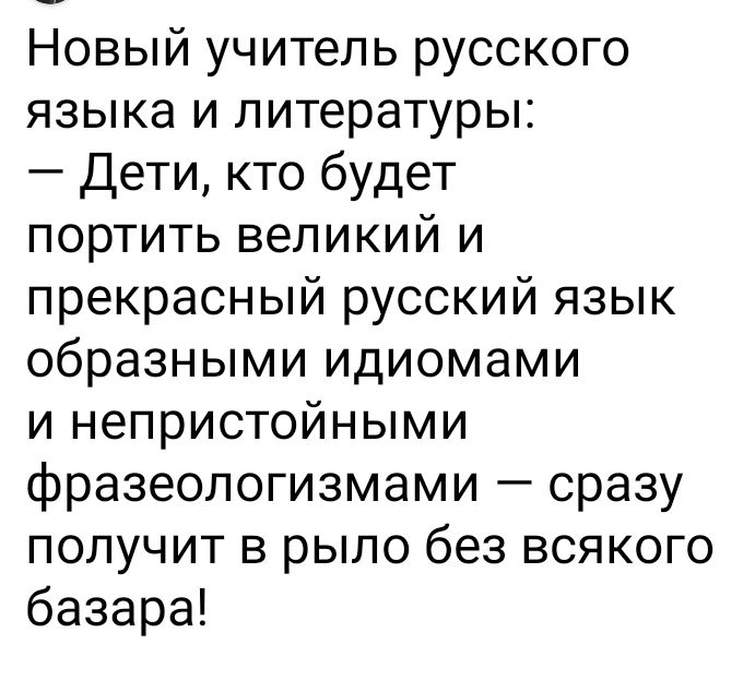 Новый учитель русского языка и литературы Дети кто будет портить великий и прекрасный русский язык образными идиомами и непристойными фразеологизмами сразу получит в рыло без всякого базара