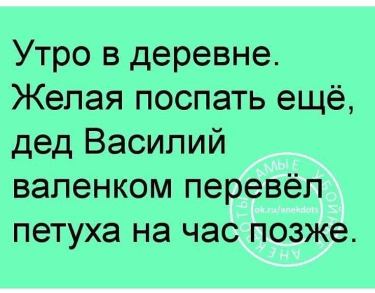 Утро в деревне Желая поспать ещё дед Василий валенком перевёл петуха на час позже