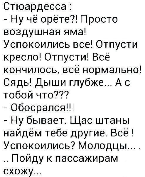 Стюардесса Ну чё орёте Просто воздушная яма Успокоились все Отпусти кресло Отпусти Всё кончилось всё нормально Сядь Дыши глубже А с тобой что Обосрался Ну бывает Щас штаны найдём тебе другие Всё Успокоились Молодцы Пойду к пассажирам схожу