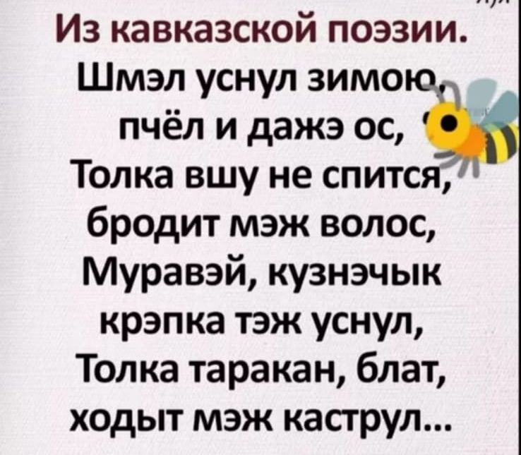 Оао из кавказской поэзии. Шмэл уснул зимо пчёл и дажэ ос,  толка вшу не спится; бродит мэж волос, муравэй, кузнэчык крэпка тэж уснул, толка таракан, блат, ходыт мэж каструл...