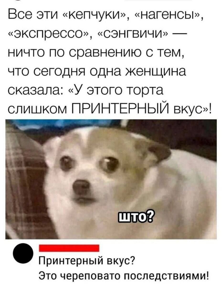 Все эти «кепчуки», «нагены», «экспрессо», «сэнгвичи» — ничто по сравнению с тем, что сегодня одна женщина сказала: «У этого торта слишком ПРИНТЕРНЫЙ вкус»!

Принтерный вкус? Это череповато последствиями!