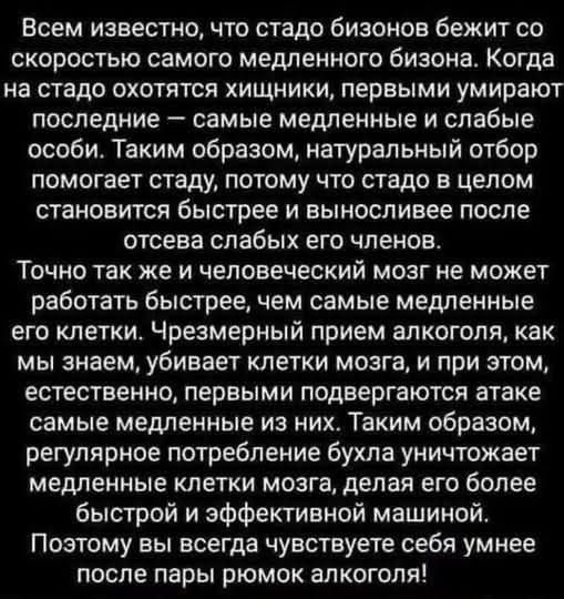 Всем известно, что стадо бизонов бежит со скоростью самого медленного бизона. Когда на стадо охотятся хищники, первыми умирают последние — самые медленные и слабые особи. Таким образом, натуральный отбор помогает стаду, потому что стадо в целом становится быстрее и выносливее после отсева слабых его членов.
Точно так же и человеческий мозг не может работать быстрее, чем самые медленные его клетки. Чрезмерный прием алкоголя, как мы знаем, убивает клетки мозга и, при этом, естественно, именно подвергает атаки самые медленные из них. Таким образом, регулярное потребление бухла уничтожает медленные клетки мозга, делая мозг более быстрым и эффективным машиной.
Поэтому вы должны удостовериться себя умеете после пары рюмок алкоголя!