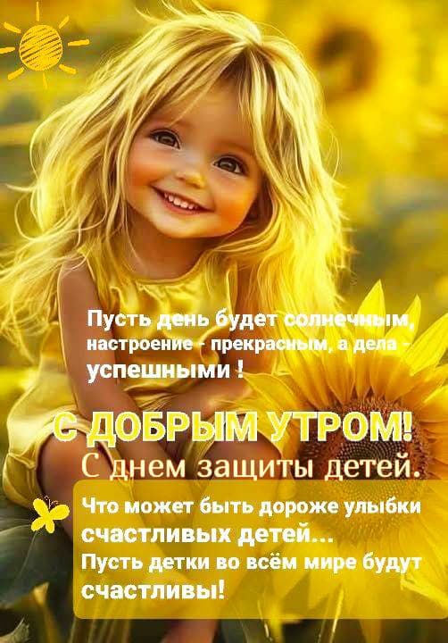 Пусть день будет солнечным, настроение - прекрасным, а дела успешными !
С ДОБРЫМ УТРОМ!
С днем защиты детей.
Что может быть дороже улыбки счастливых детей…
Пусть детки во всём мире будут счастливы!