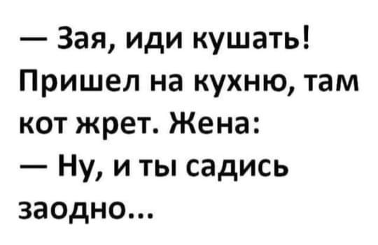 — Зая, иди кушать! Пришел на кухню, там кот жрет. Жена: — Ну, и ты садись заодно...