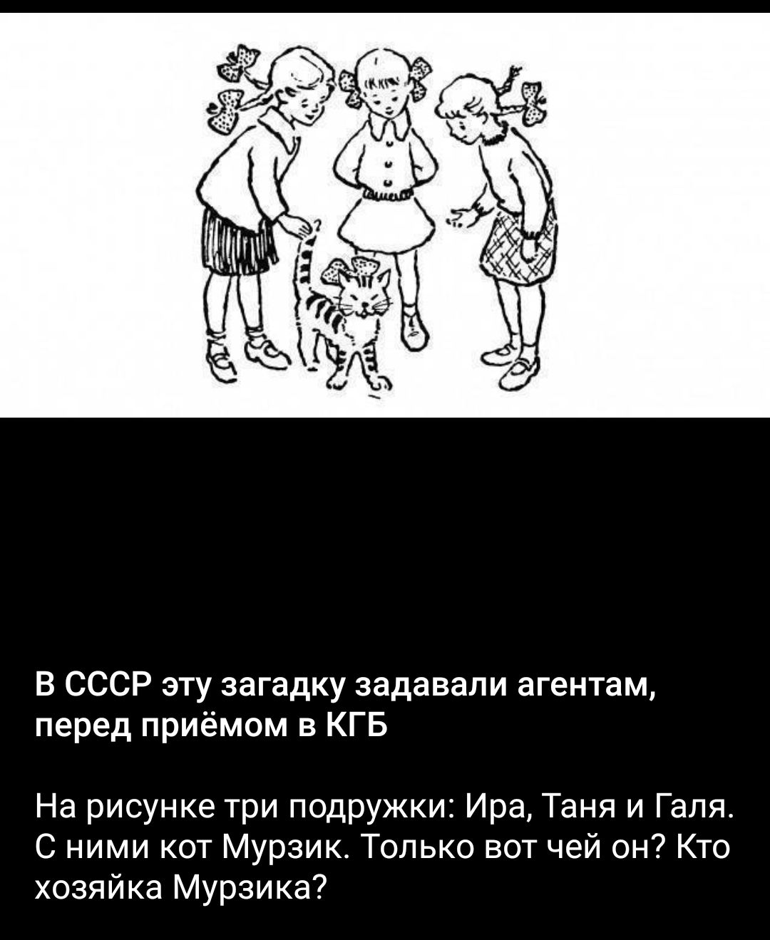 В СССР эту загадку задавали агентам, перед приёмом в КГБ
На рисунке три подружки: Ира, Таня и Галя. С ними кот Мурзик. Только вот чей он? Кто хозяйка Мурзика?