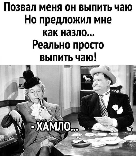 Позвал меня он выпить чайю
Но предложил мне как назло...
Реально просто выпить чайю!
- ХАМЛО...