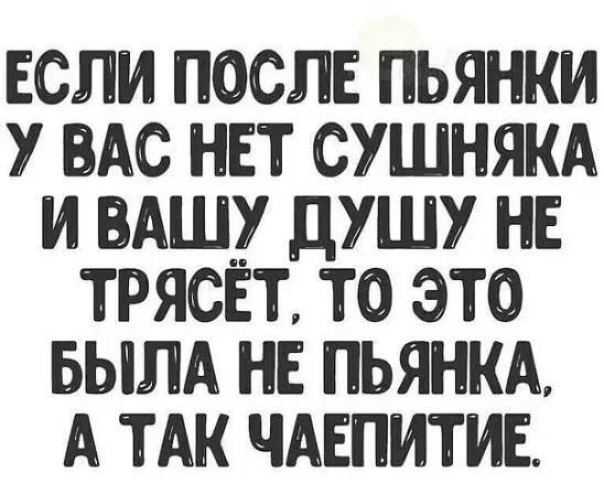 ЕСЛИ ПОСЛЕ ПЬЯНКИ У ВАС НЕТ СУШНЯКА И ВАШУ ДУШУ НЕ ТРЯСЁТ, ТО ЭТО БЫЛА НЕ ПЬЯНКА, А ТАК ЧАЕПИТИЕ.