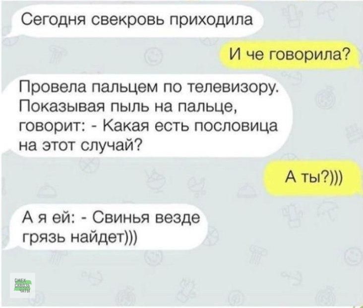 Сегодня свекровь приходила
И че говорила?
Провела пальцем по телевизору. Показывая пыль на пальце, говорит: - Какая есть пословица на этот случай?
А ты?))
А я ей: - Свинья везде грязь найдет)))