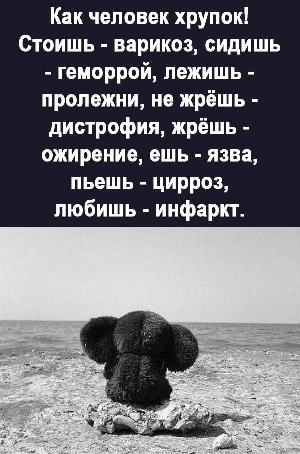 Как человек хрупок! Стоишь - варикоз, сидишь - геморрой, лежишь - пролежни, не жрёшь - дистрофия, жрёшь - ожирение, ешь - язва, пьёшь - цирроз, любишь - инфаркт.