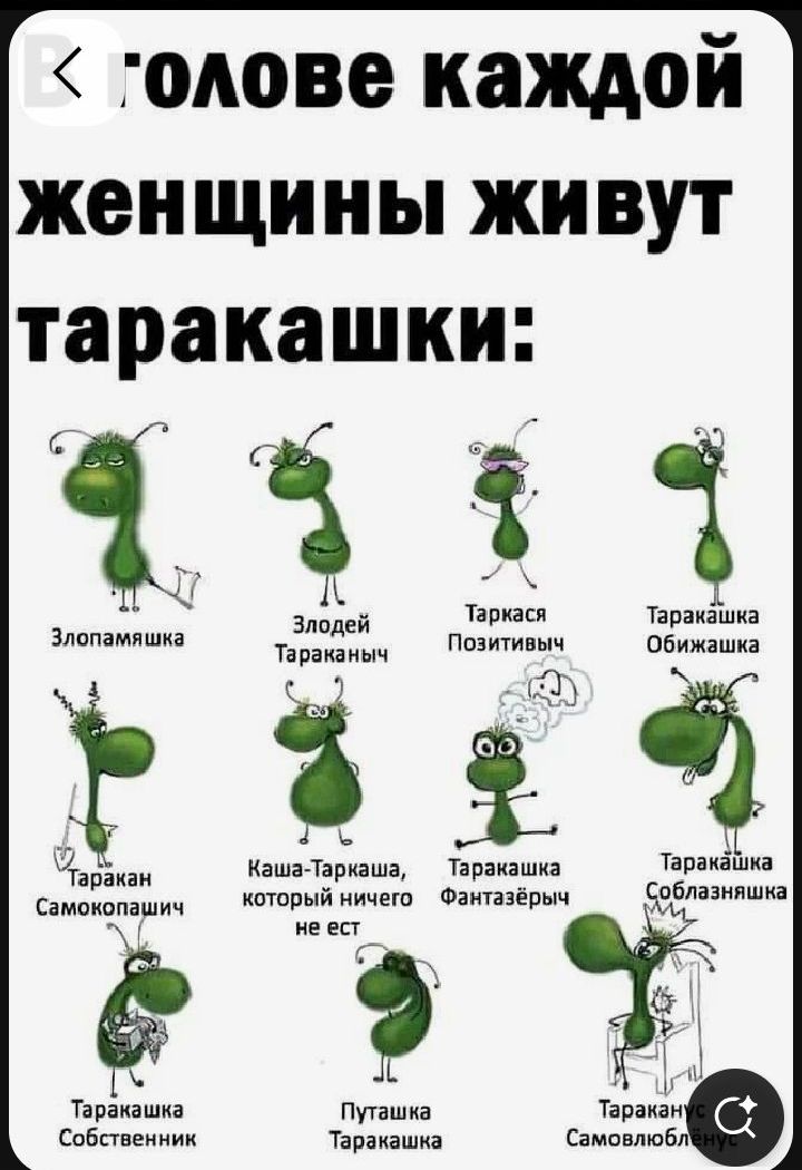 В голове каждой женщины живут таракашки:

Злопамятка
Злодей Тараканыч
Таракас Позитивыч
Таракашка Обижашка
Таракан Самокопашка
Каша-Таракашка, который ничего не ест
Таракашку Фантазёрка
Таракашка Соблазняшка
Таракашку Собственник
Путяшка Таракашка
Тараканчик Самовлюблёнка