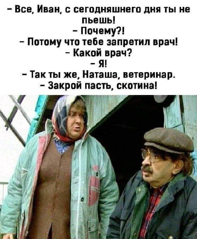 – Все, Иван, с сегодняшнего дня ты не пьешь!
– Почему?!
– Потому что тебе запретил врач!
– Какой врач?
– Я!
– Так ты же, Наташа, ветеринар.
– Закрой пасть, скотина!