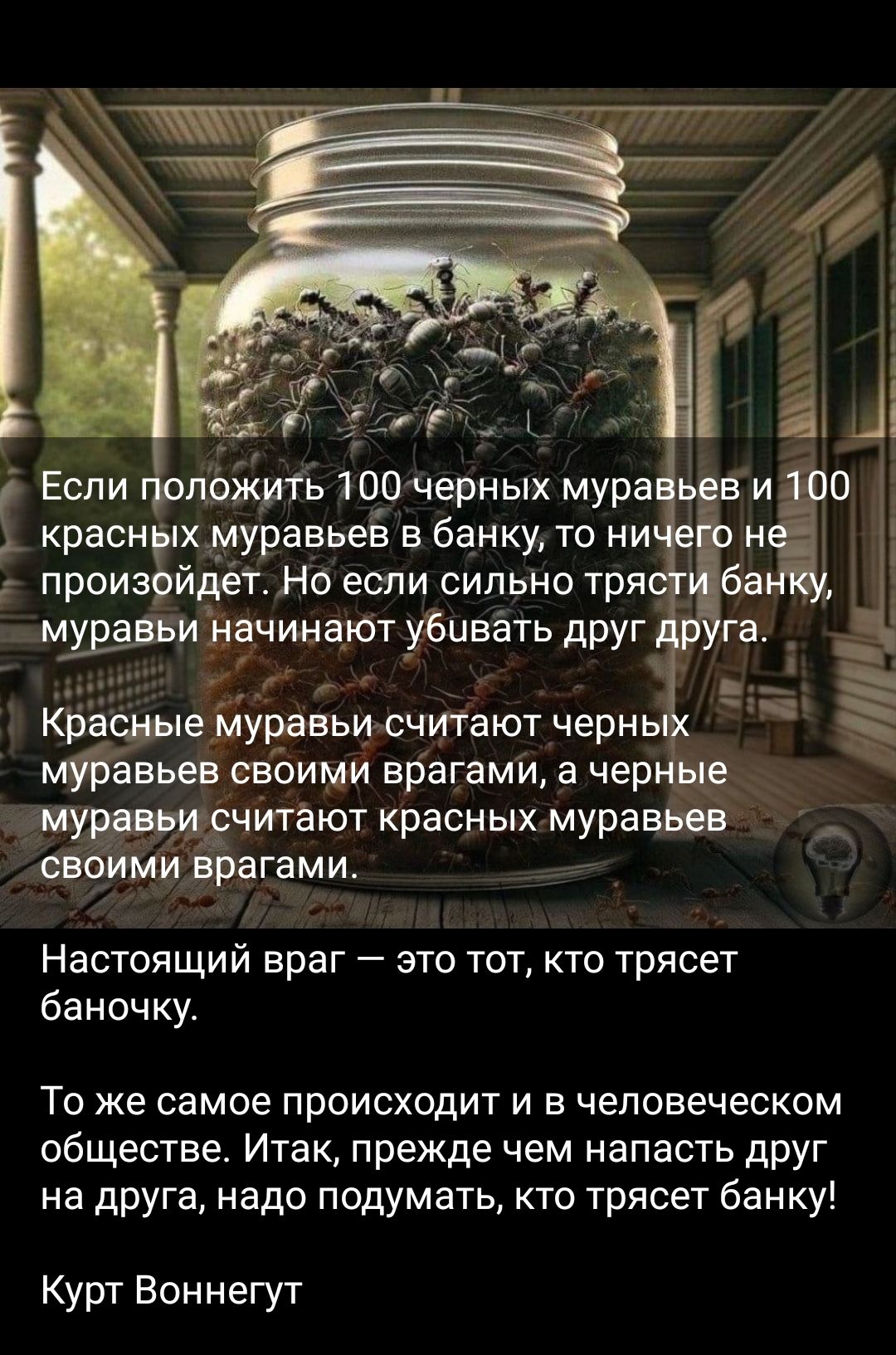 Если положить 100 черных муравьев и 100 красных муравьев в банку, то ничего не произойдет. Но если сильно трясти банку, муравьи начинают убивать друг друга.

Красные муравьи считают черных муравьев своими врагами, а черные муравьи считают красных муравьев своими врагами.

Настоящий враг — это тот, кто трясет баночку.

То же самое происходит и в человеческом обществе. Итак, прежде чем напасть друг на друга, надо подумать, кто трясет банку.

Курт Воннегут