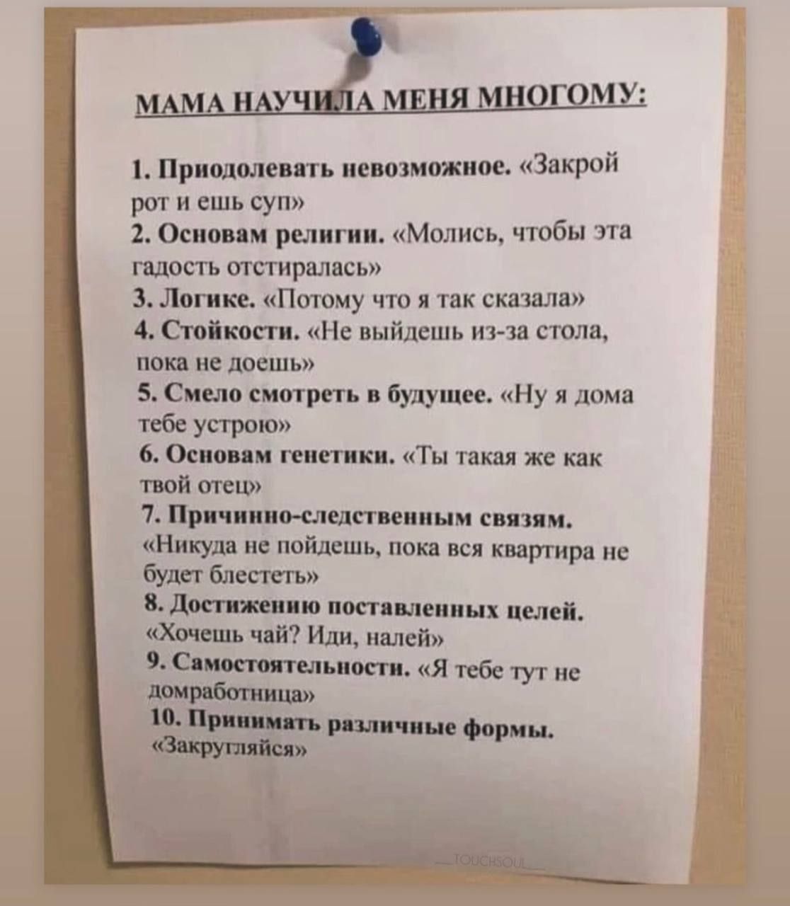 МАМА НАУЧИЛА МЕНЯ МНОГОМУ: 1. Преодолевать невозможное. «Закрой рот и ешь суп» 2. Основам религии. «Молись, чтобы эта гадость отстиралась» 3. Логике. «Потому что я так сказала» 4. Стойкости. «Не увидишь из-за стола, пока не доешь» 5. Смело смотреть в будущее. «Ну а дома тебе устрою» 6. Основам генетики. «Ты такая же как твой отец» 7. Причинно-следственным связям. «Никогда не пойдёшь, пока есть квартира не будет блестеть» 8. Достижению поставленных целей. «Хочешь чай? Иди, налей» 9. Самостоятельности. «Я тебе тут не добромотворец» 10. Принять различные формы. «Закругляйся»