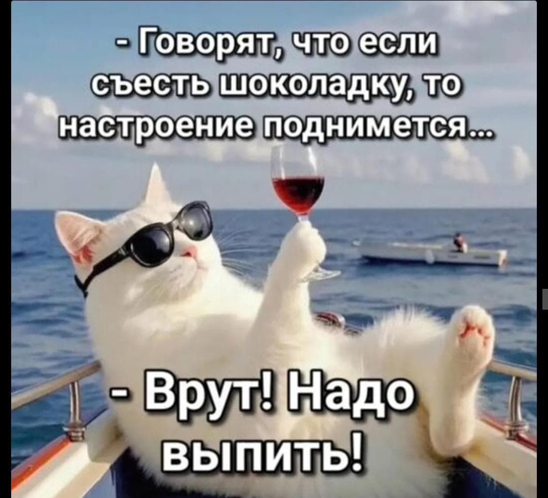 - Говорят, что если съесть шоколадку, то настроение поднимется...
- Врут! Надо выпить!
