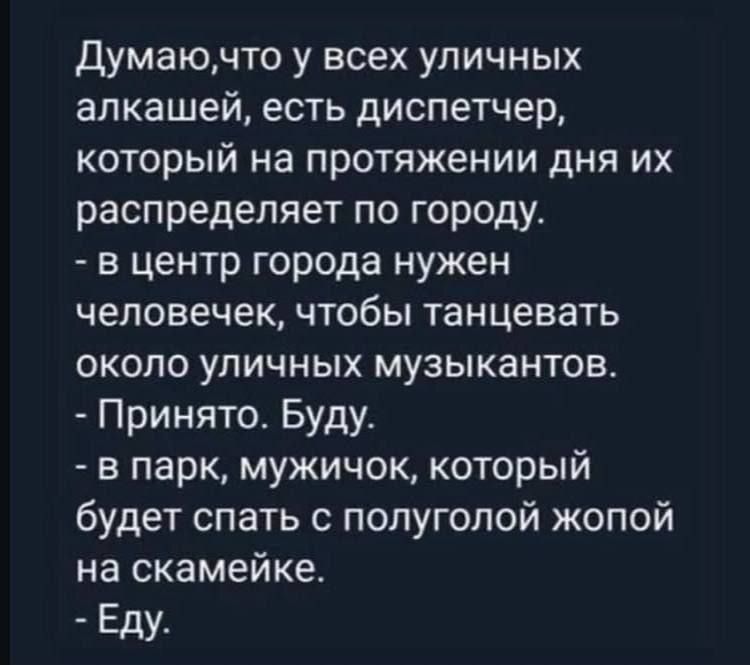 Думаю, что у всех уличных алкашей, есть диспетчер, который на протяжении дня их распределяет по городу.
- в центр города нужен человечек, чтобы танцевать около уличных музыкантов.
- Принято. Буду.
- в парк, мужичок, который будет спать с полуголой жопой на скамейке.
- Еду.