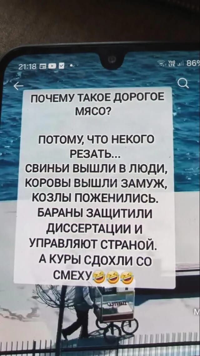 ПОЧЕМУ ТАКОЕ ДОРОГОЕ МЯСО?

ПОТОМУ, ЧТО НЕКГО РЕЗАТЬ...
СВИНЫ ВЫШЛИ В ЛЮДИ,
КОРОВЫ ВЫШЛИ ЗАМУЖ,
КОЗЛЫ ПОЖЕНИЛИСЬ.
БАРАНЫ ЗАЩИТИЛИ
ДИССЕРТАЦИИ И
УПРАВЛЯЮТ СТРАНОЙ.
А КУРЫ СДОХЛИ СО
СМЕХУ