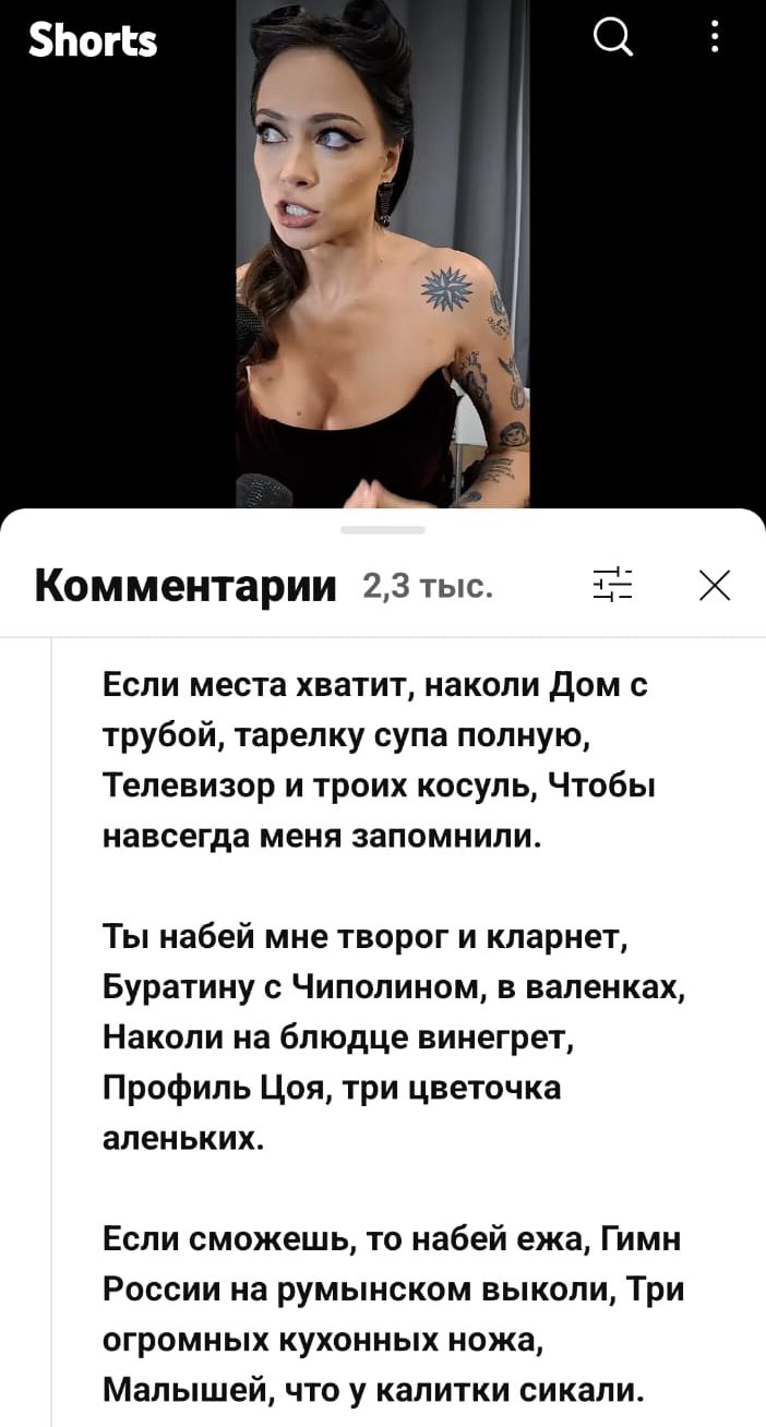Если места хватит, наколи Дом с трубой, тарелку супа полную, Телевизор и троих косуль, Чтобы навсегда меня запомнили.

Ты набей мне творог и кларнет, Буратини с Чиполино, в валенках, Наколи на блюдце винегрет, Профиль Цоя, три цветочка аленьких.

Если сможешь, то набей ежа, Гимн России на румынских высоких, Три огромных кухонных ножа, Малышей, что у калитки сякали.