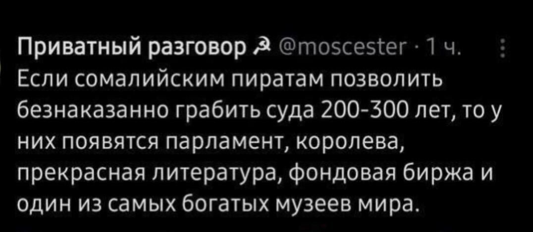 Если сомалийским пиратам позволить безнаказанно грабить суда 200-300 лет, то у них появится парламент, королева, прекрасная литература, фондовая биржа и один из самых богатых музеев мира.