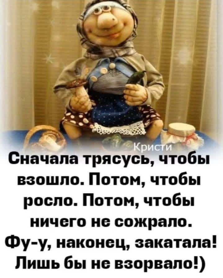 Сначала трусься, чтобы взошло. Потом, чтобы росло. Потом, чтобы ничего не сожрало. Фу-у, наконец, закатала! Лишь бы не взорвало!)