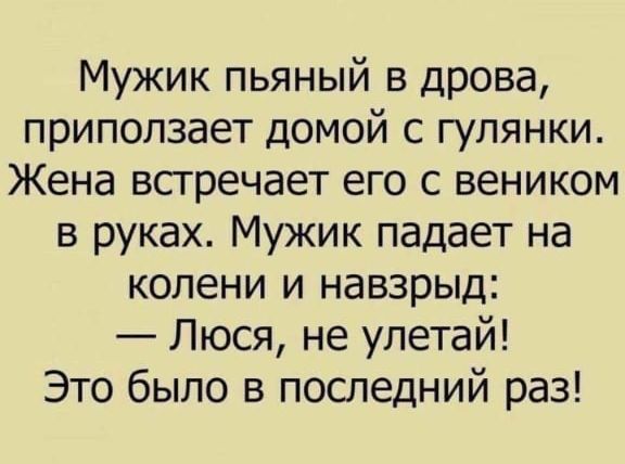 Мужик пьяный в дрова, приползает домой с гулянки. Жена встречает его с веником в руках. Мужик падает на колени и навзырд: — Люся, не улетай! Это было в последний раз!