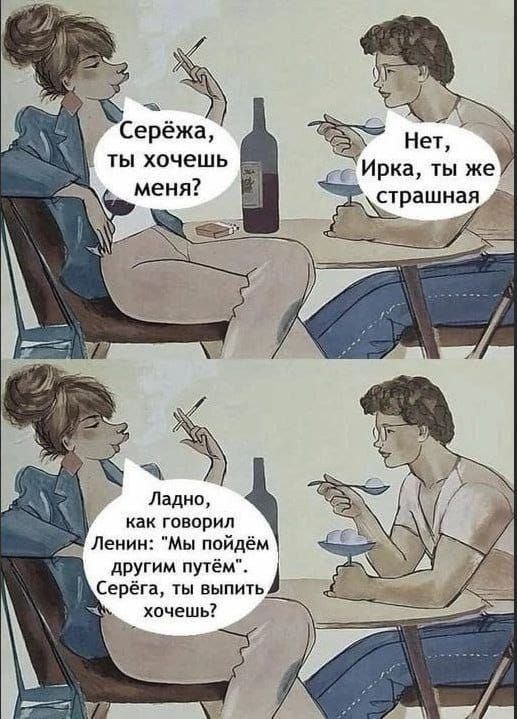Серёжа, ты хочешь меня?
Нет, Ирка, ты же страшная
Ладно, как говорил Ленин: «Мы пойдем другим путём». Серёга, ты выпить хочешь?
