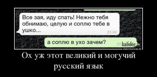 Все зайя, иду спать! Нежно тебя обнимаю, целую и соплю тебе в ушко... а соплю в ухо зачем? Ox уж этот великий и могучий русский язык
