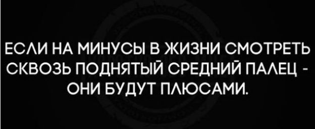 ЕСЛИ НА МИНУСЫ В ЖИЗНИ СМОТРЕТЬ СКВОЗЬ ПОДНЯТЫЙ СРЕДНИЙ ПАЛЕЦ - ОНИ БУДУТ ПЛЮСАМИ.