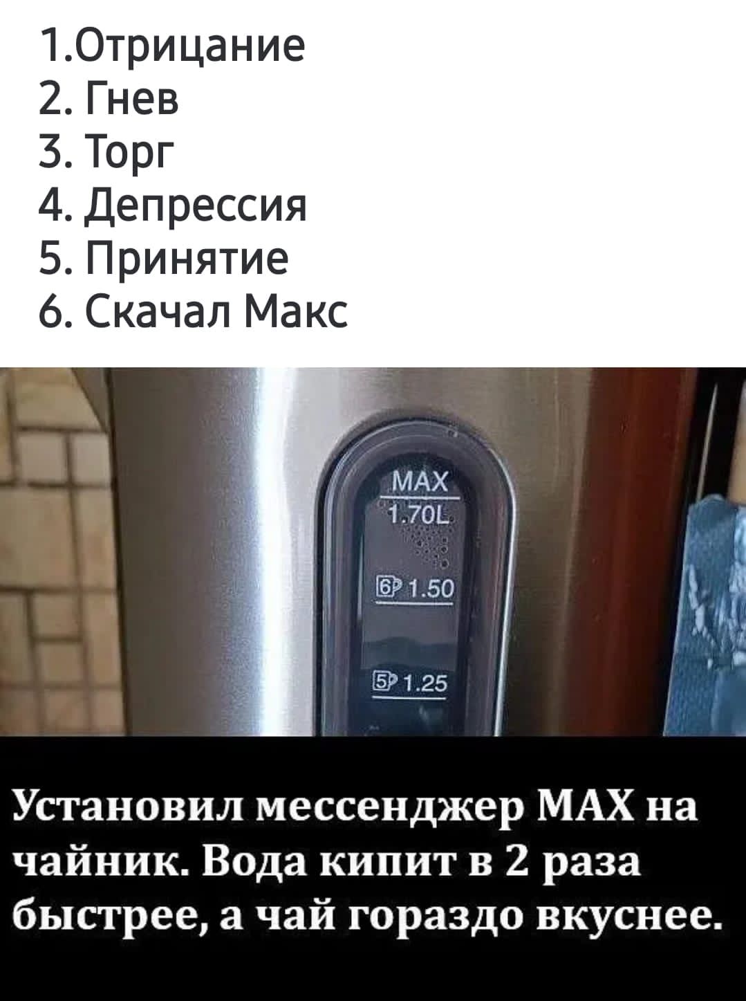 1. Отрицание
2. Гнев
3. Торг
4. Депрессия
5. Принятие
6. Скачал Макс

Установил мессенджер MAX на чайник. Вода кипит в 2 раза быстрее, а чай гораздо вкуснее.