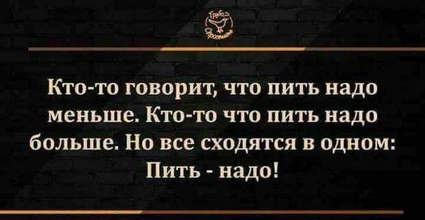 Кто-то говорит что пить надо меньше. Кто-то пить надо больше. Но все сходятся в одном: Пить - надо!