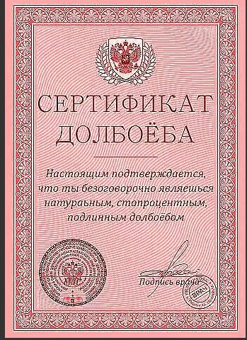 СЕРТИФИКАТ ДОЛБОЁБА Настоящим подтверждается, что ты безоговорочно являешься натуральным, стопроцентным, подлинным долбоебом