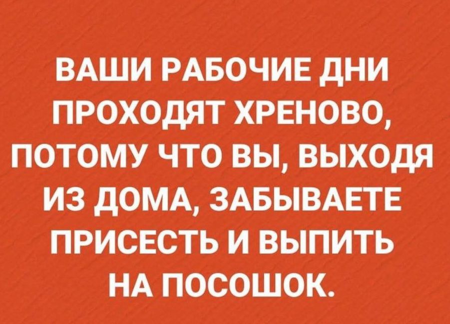 ВАШИ РАБОЧИЕ ДНИ ПРОХОДЯТ ХРЕНОВО, ПОТОМУ ЧТО ВЫ, ВЫХОДЯ ИЗ ДОМА, ЗАБЫВАЕТЕ ПРИСЕСТЬ И ВЫПИТЬ НА ПОСОШОК.