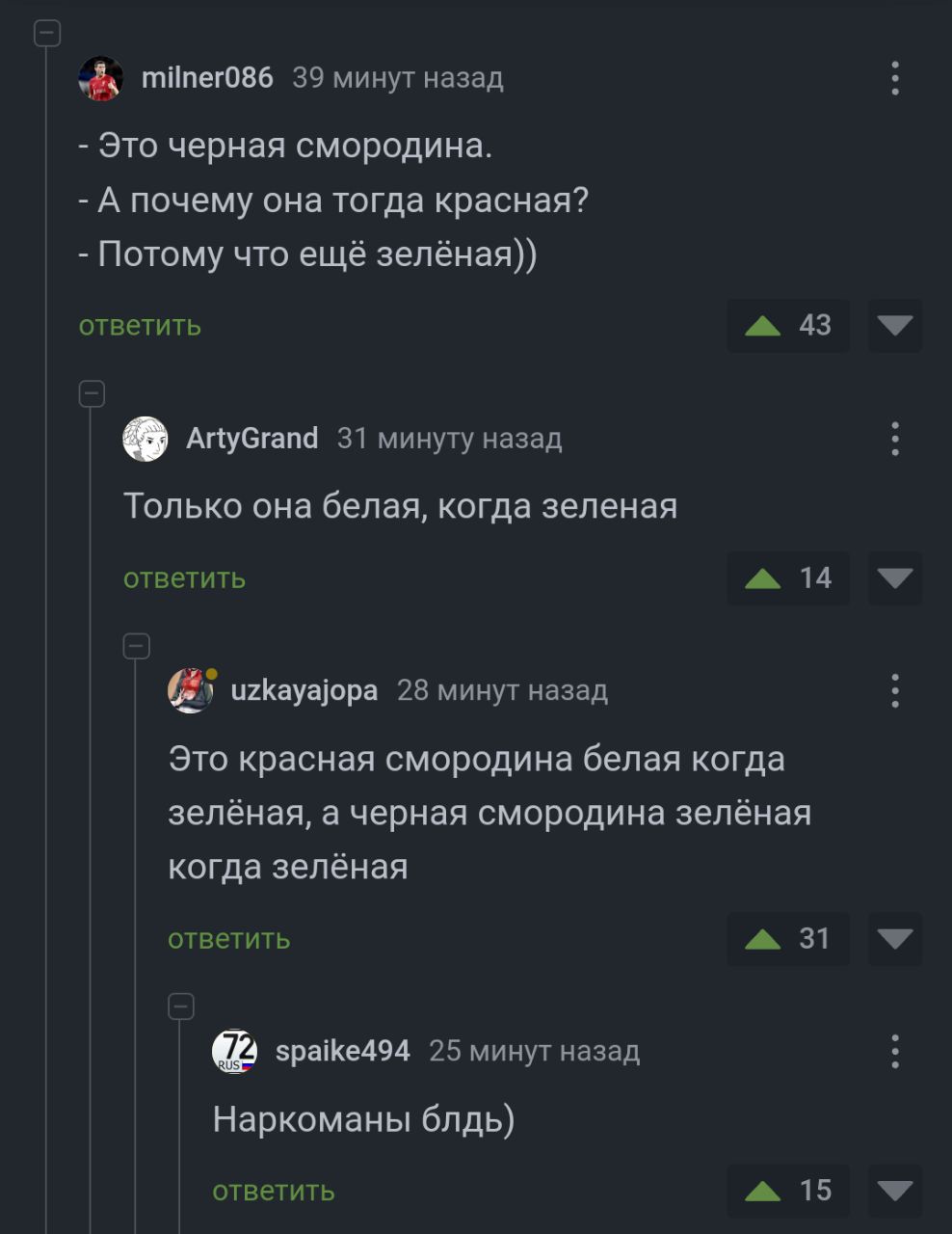 - Это черная смородина. - А почему она тогда красная? - Потому что ещё зелёная)) Только она белая, когда зелёная. Это красная смородина белая, когда зелёная, а черная смородина зелёная, когда зелёная. Наркоманы блять