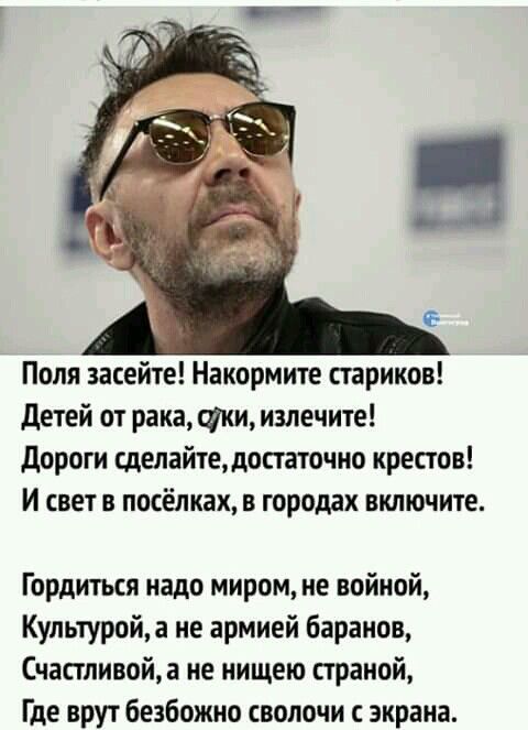 Поля засейте! Накормите стариков! Детей от рака, суки, избавьте! Дороги сделайте, достаточно крестов! И свет в посёлках, в городах включите. Гордиться надо миром, не войной, культурой, а не армией баранов, счастливой, а не нищей страной, Где врют безобожно сволочи с экрана.