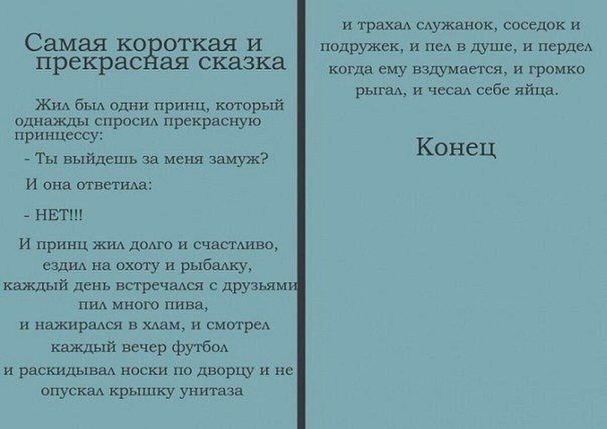 Самая короткая и прекрасная сказка

Жил был один принц, который однажды спросил прекрасную принцессу:
- Ты выйдешь за меня замуж?
- нет!
И принц жил долго и счастливо, ездил на охоту и рыбалку, каждый день встречался с друзьями, пил много пива, и трaкал служанок, соседок и подружек, и пел в душе, и передел когда ему вздумалось, и громко рыгал, и чесал себе яйца.

Конец