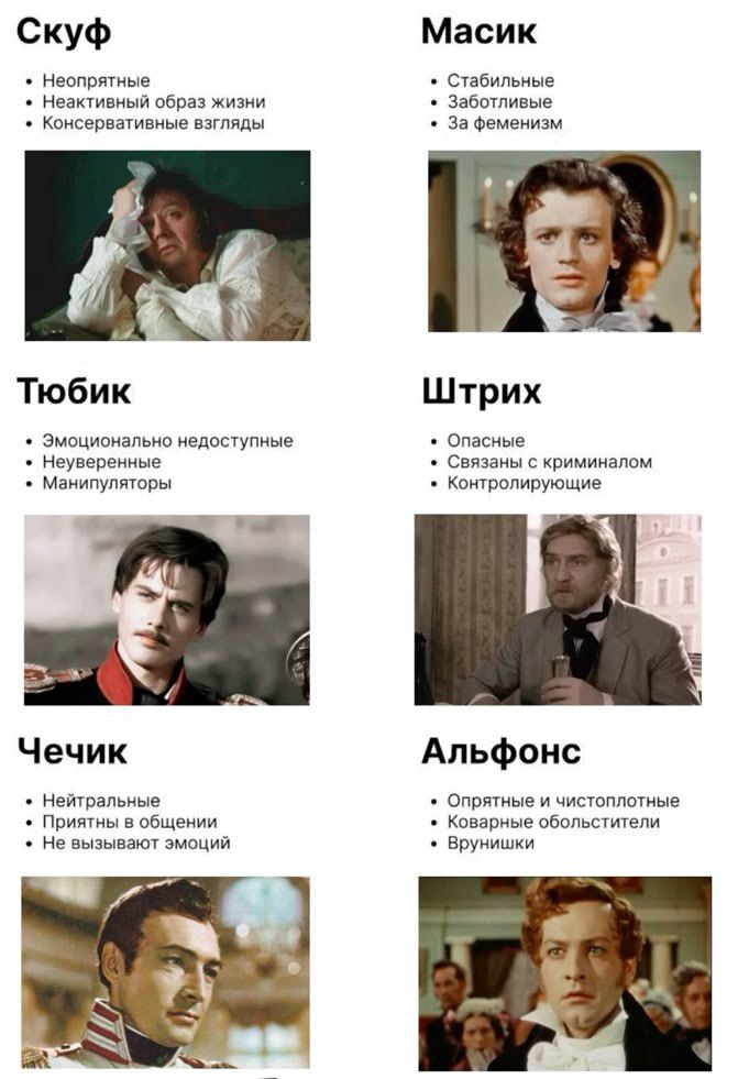 Скуф: Неопрятные / Неактивный образ жизни / Консервативные взгляды; Масик: Стaбильные / Заботливые / За фемизм? (мем); Тьюбик: Эмоционально недоступные / Неуверенные / Манипуляторы; Штрих: Опасные / Связаны с криминалом / Контролирующие; Чечик: Нейтральные / Приятны в общении / Не вызывают эмоций; Альфонс: Опрятные и чистоплотные / Коварные оболостители.