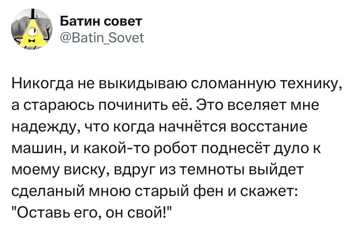 Батин СОВЕТ ВЭППБШеі Никогда не выкидываю сломанную технику а стараюсь починить её Это вселяет мне надежду что когда начнётся восстание машин и какойто робот поднесёт дупо к моему виску вдруг из темноты выйдет сделаный мною старый фен и скажет Оставь его он свой