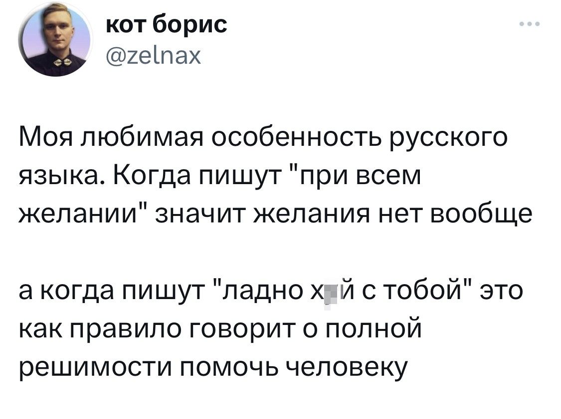 кот борис 2еіпах Моя любимая особенность русского языка Когда пишут при всем желании значит желания нет вообще а когда пишут ладно х й тобой это как правило говорит о полной решимости помочь человеку
