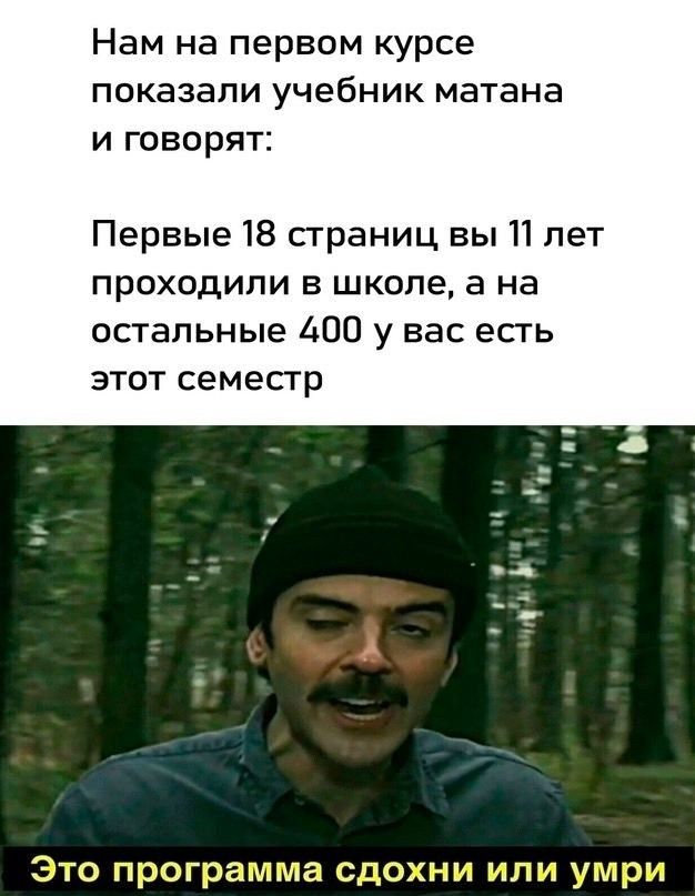 Нам на первом курсе показали учебник матана и говорят Первые 18 страниц вы П лет проходили в школе а на остальные 400 у вас есть этот семестр