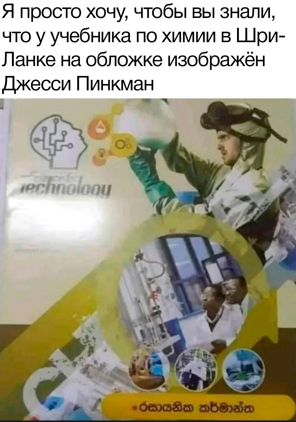 Я просто хочу чтобы вы знали что у учебника по химии в Шри Ланке на обложке изображён Джесси Пинкман О итп