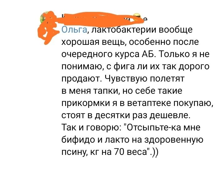 Ольга л о актерии вообще ХОРОШЗЯ ВЕЩЬ особенно ПОСЛЕ очередного курса АБ Только я не понимаю с фига пи их так дорого продают Чувствую полетят в меня тапки но себе такие ПрИКОрМКИ Я В ветаптеке покупаю СТОПТ Е ДЕСЯТКИ РЭЗ ДЕШЕВЛЕ Так и говорю Отсыпьтегка мне бифидо и лакто на здоровенную псину кг на 70 веса