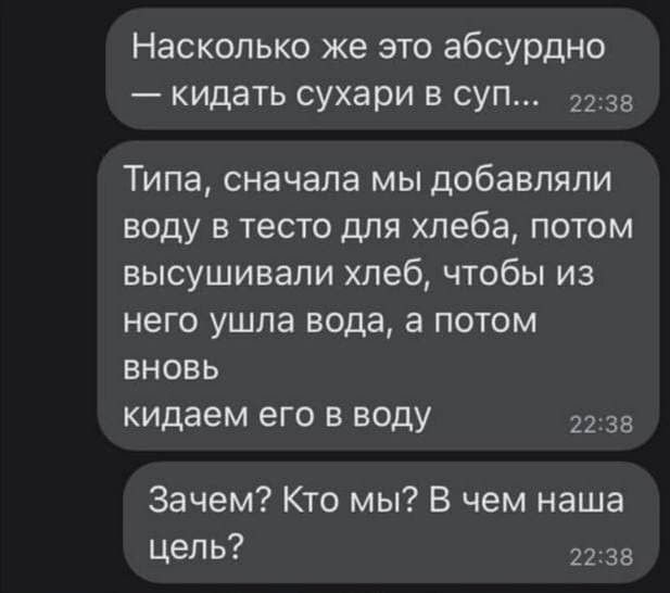 Насколько же это абсурдно кидать сухари в суп 35 Типа сначала мы дпбавпяпи воду в тесто для хлеба потом высушивали хлеб чтобы из него ушпа вода а потом вновь кидаем его в воду 22 35 Зачем Кто мы В чем наша цель 22 38