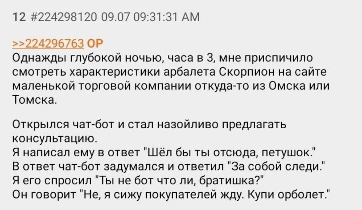 12 224298120 09 07 09 31 31 АМ 2232967Ь1 ор Однажды глубокой ночью часа в 3 мне приспичило смотреть характеристики арбалета Скорпион на сайте маленькой торговой компании откуда то из Омска или Томска Открылся чаттбот и стал назойливо предлагать консультацию я написал ему в ответ шеп бы ты отсюда патушои в ответ чагбот задумался и ответил За собой специ я его спросил Ты не вот что ли вратитпиат Он 