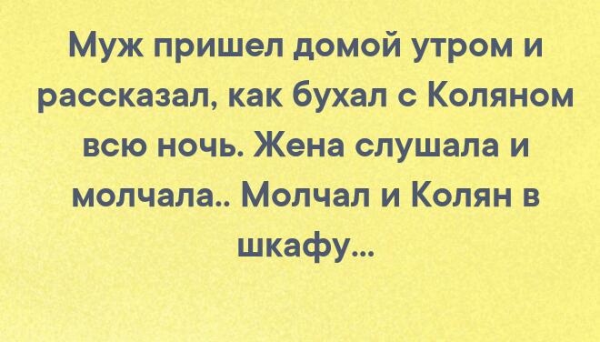Муж пришел домой утром и рассказал как бухал с Коляном всю ночь Жена слушала и молчала Молчал и Колян в шкафу