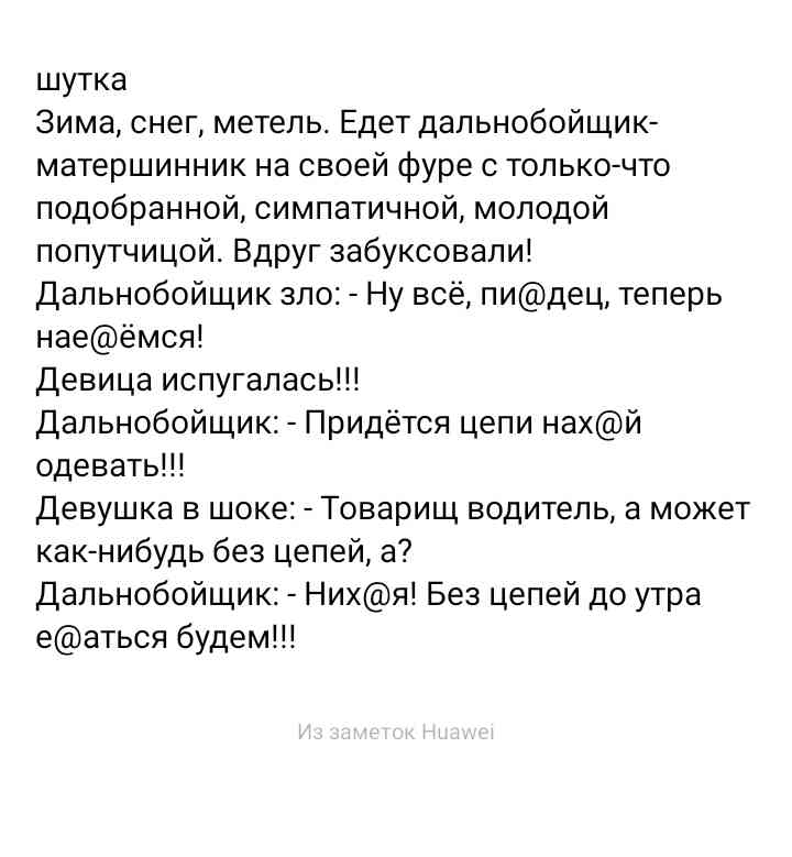 шутка Зима снег метель Едет дальнобойщик матершинник на своей фуре с толькочто подобранной симпатичной молодой попутчицой Вдруг забуксовали Дальнобойщик зло Ну всё пидец теперь наеёмся Девица испугалась Дальнобойщик Придётся цепи нахй одевать Девушка в шоке Товарищ водитель а может какнибудь без цепей а Дальнобойщик Нихя Без цепей до утра еаться будем