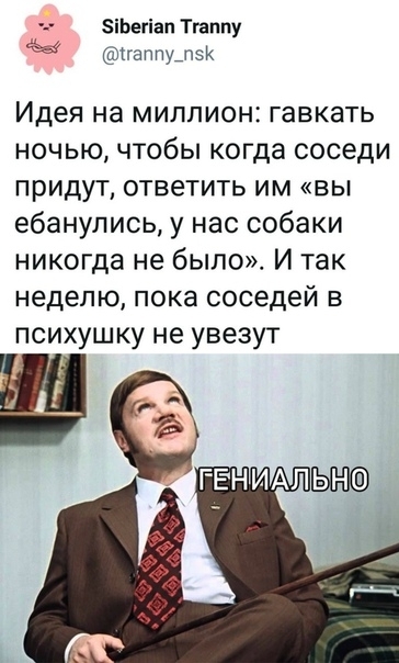 іЬегіап Тгаппу тгаппущзк Идея на миллион гавкать ночью чтобы когда соседи придут ответить им вы ебанулись у нас собаки никогда не было И так неделю пока соседей в психушку не увезут