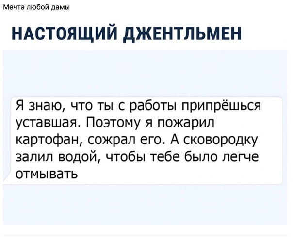 Мечча любой дамы НАСТОЯЩИЙ дЖЕНТЛЬМЕН Я знаю что ты с работы припрёшься уставшая Поэтому я пожарил картофан сожрал его А сковородку залил водой чтобы тебе было легче отмывать
