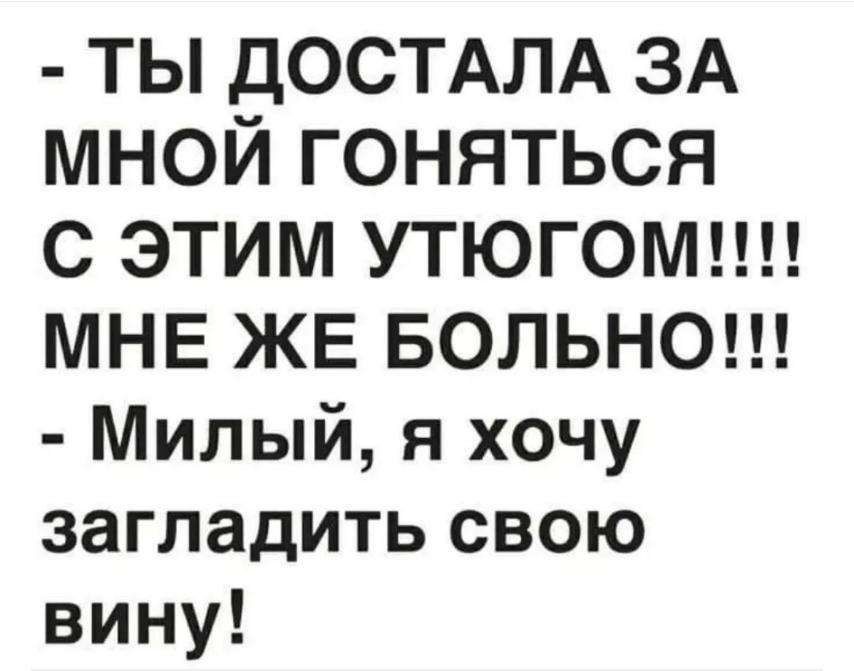 ТЫ дОСТАЛА ЗА МНОЙ ГОНЯТЬСЯ С ЭТИМ УТЮГОМ МНЕ ЖЕ БОЛЬНО Милый я хочу загладить свою вину